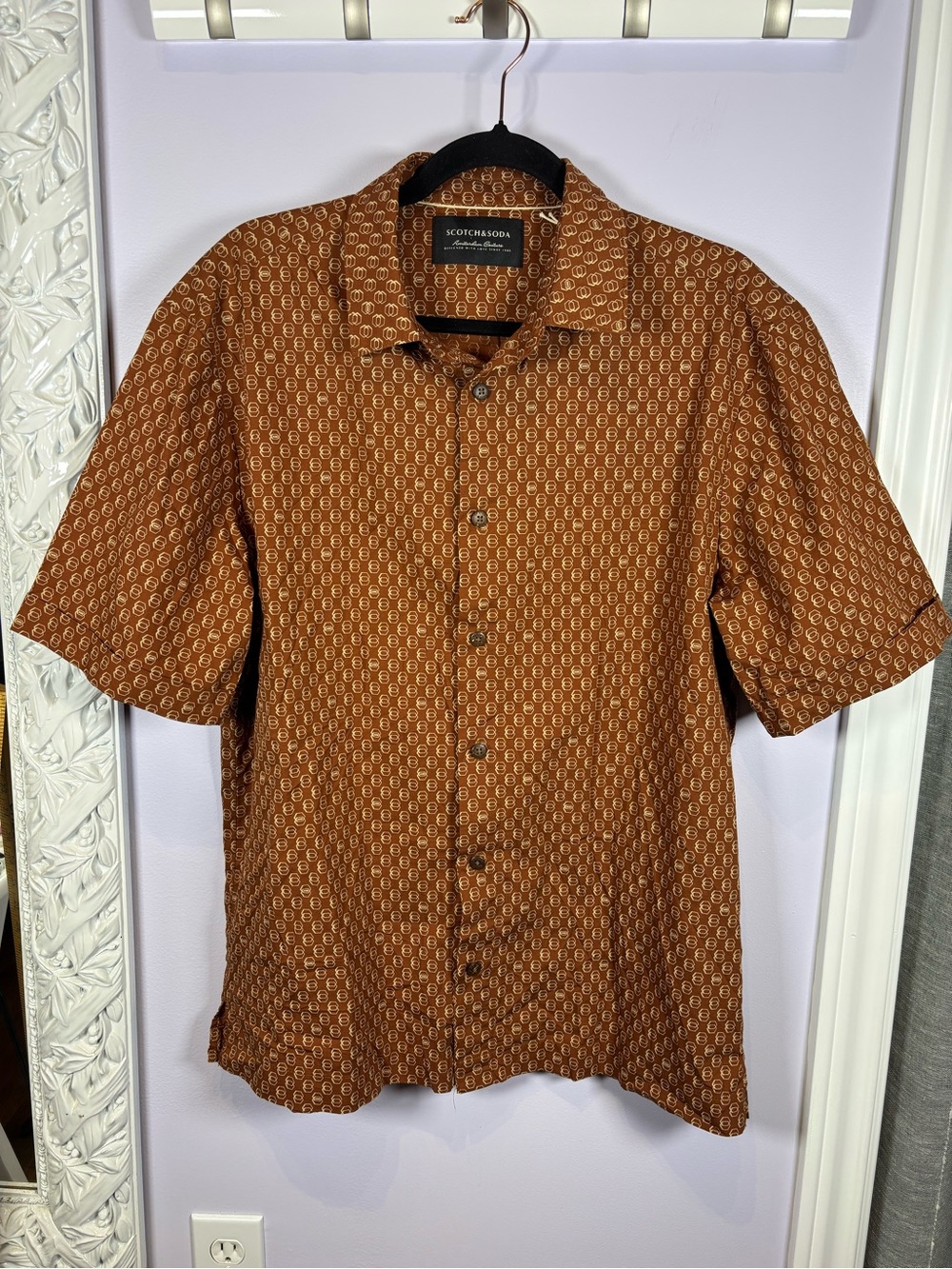 Scotch & Soda Short-Sleeve Casual Print Button-Down Shirt in Rust Size L